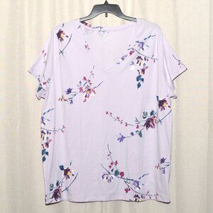 NWT 3X Ava & Viv Light Lavender V-Neck Tee "Painted" Wildflower Floral Print Top